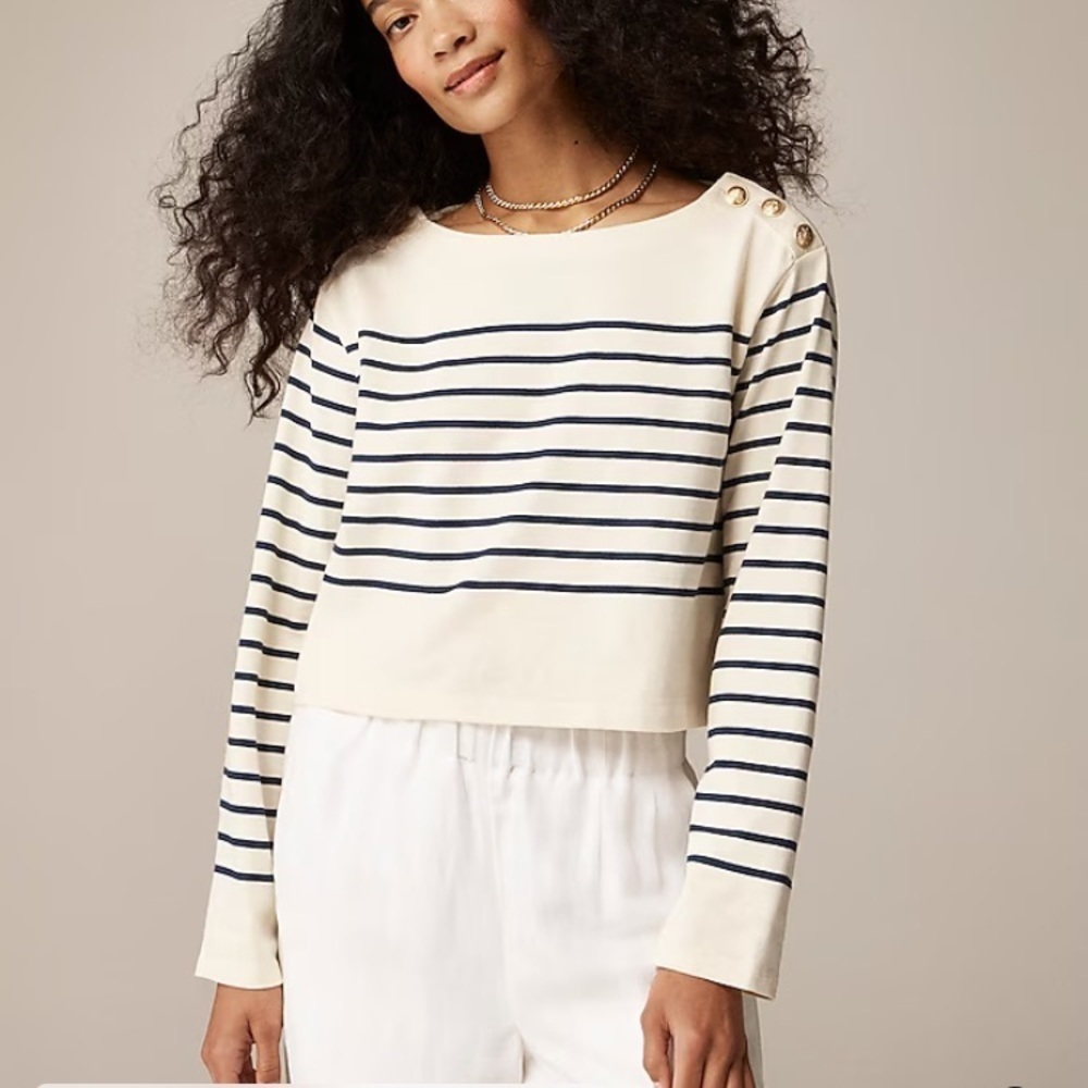 J. Crew white and navy Breton striped long sleeve cropped sailor top. Medium